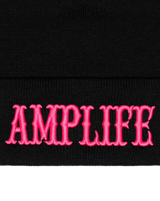 Amplife® Black & Pink Beanie Front Detail
