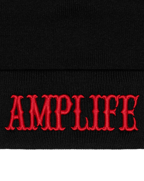Amplife® Black & Red Beanie Front Detail
