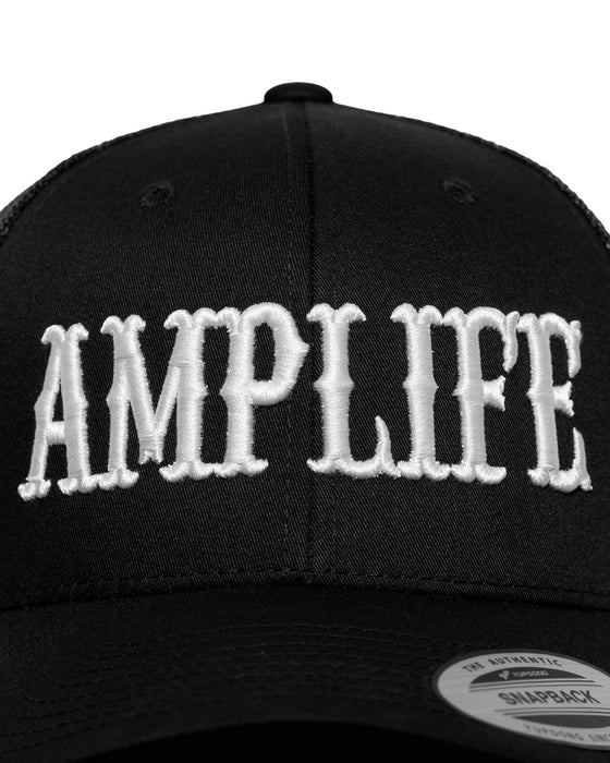 Amplife® Black & White Curved Bill Trucker Snapback Front Detail