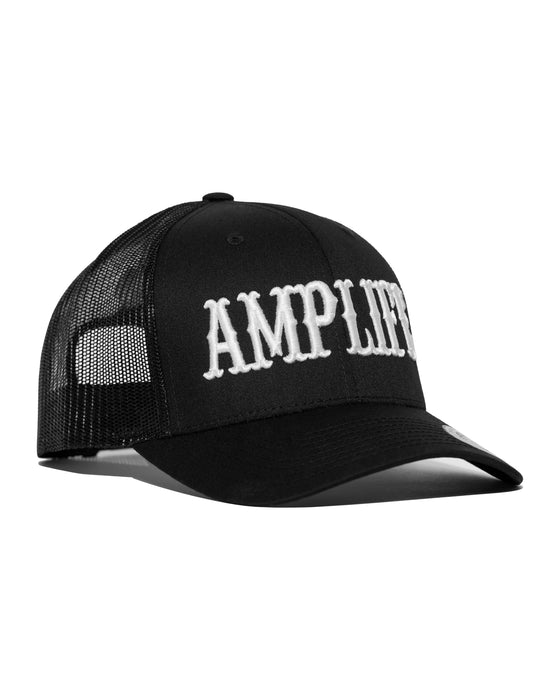 Amplife® Black & White Curved Bill Trucker Snapback Side