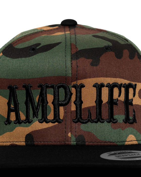 Amplife® Camo & Black Flat Bill Snapback Front Detail