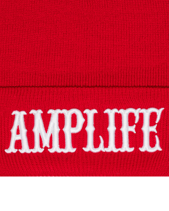 Amplife® Red & White Beanie Front Detail