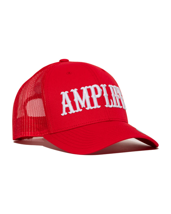 Amplife® Red & White Curved Bill Trucker Snapback Side