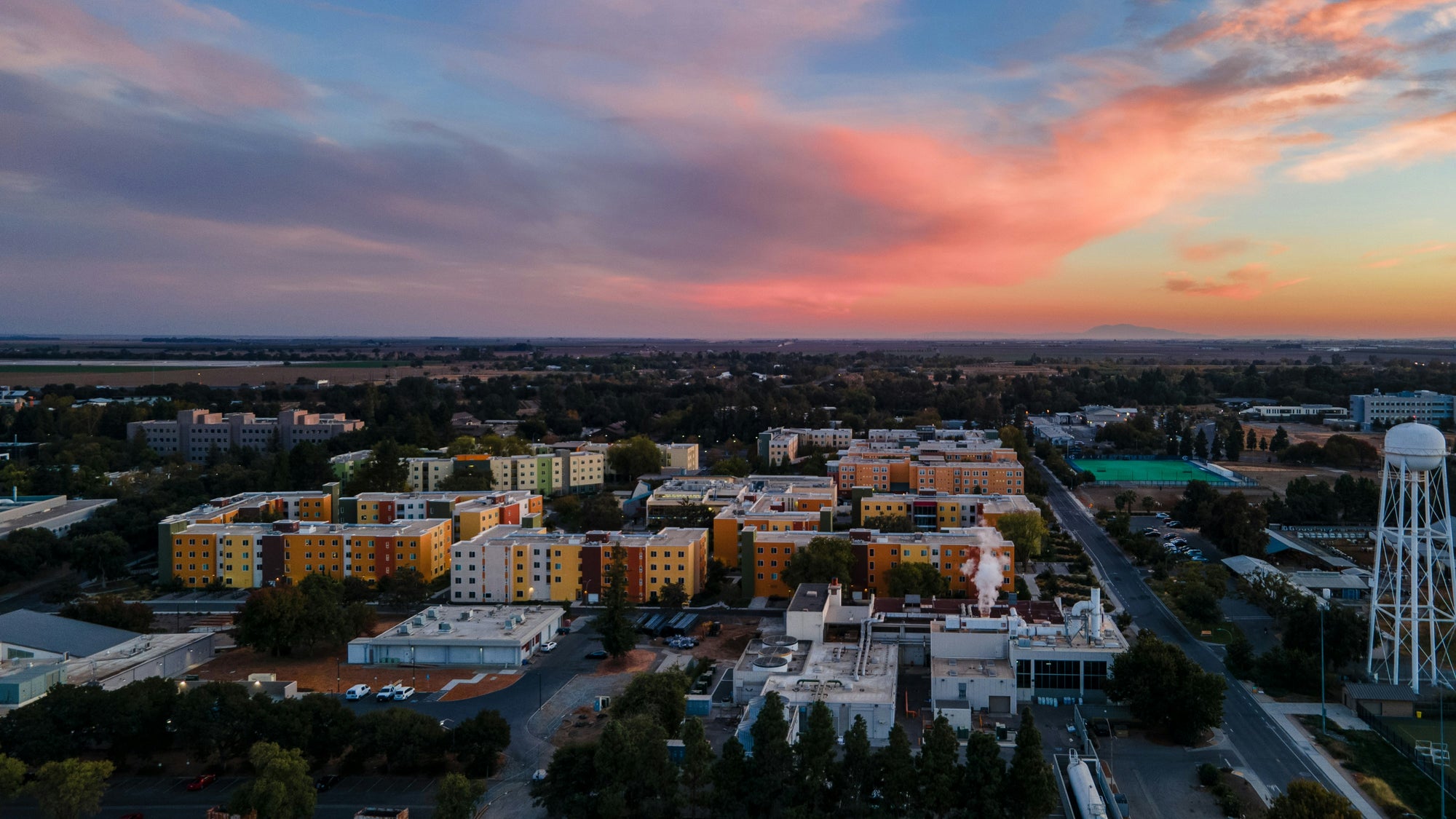 Aerial view of Davis at sunset.