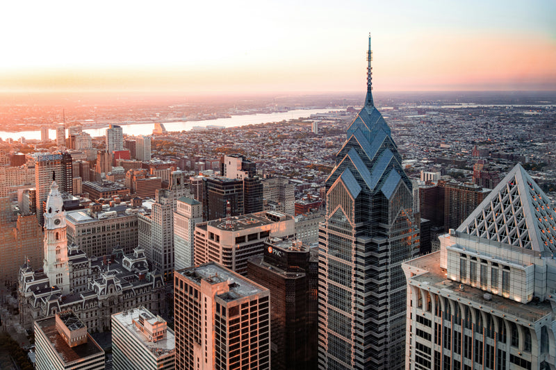 Philadelphia skyline at sunrise.