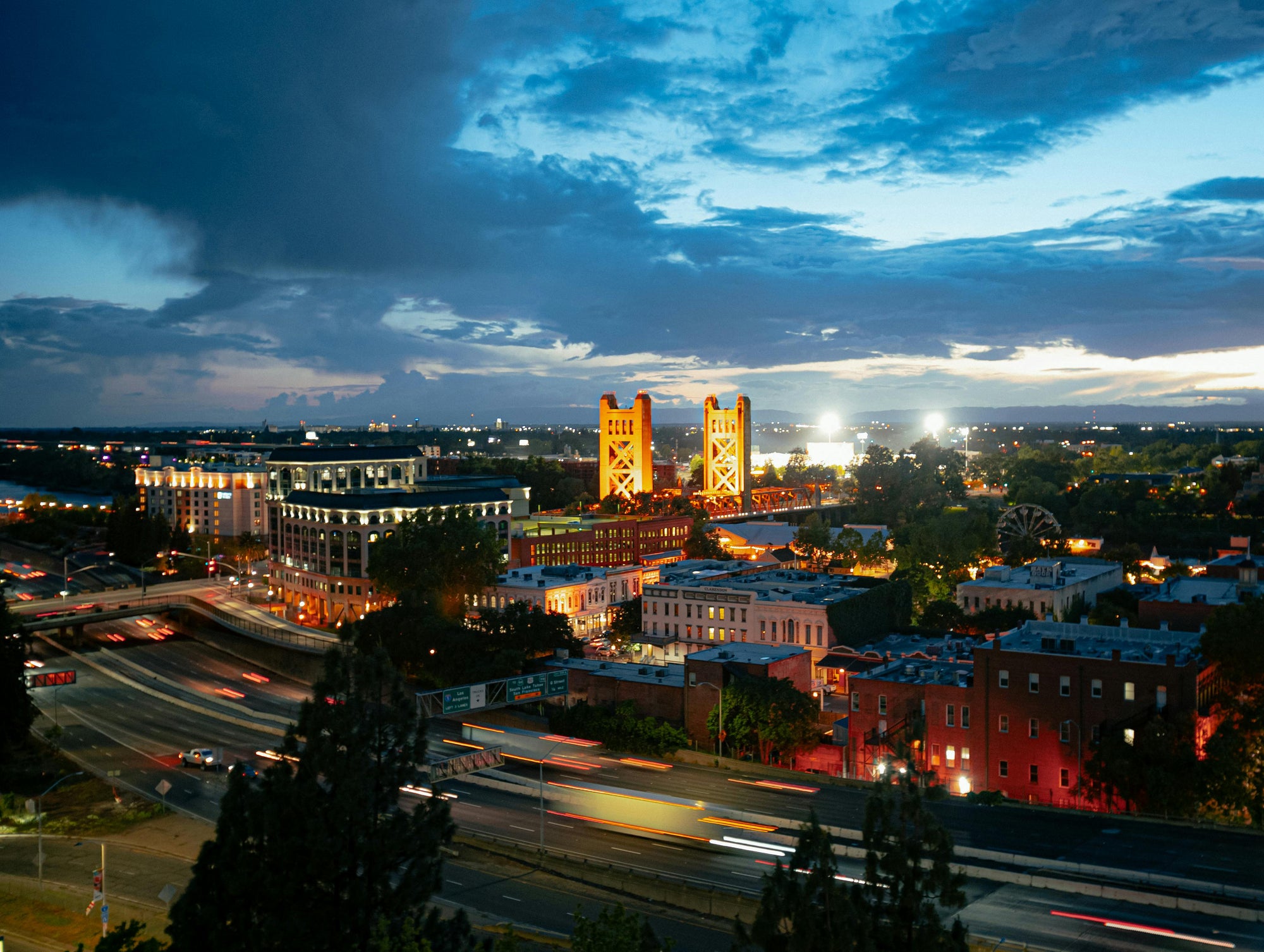 Aerial view of Sacramento at night.