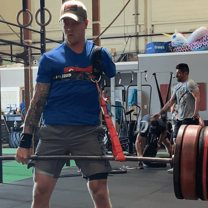 Equip Products Aldridge Arm™ Deadlift Strap in use by Logan Aldridge in the gym as he deadlifts 450lbs with a left above elbow amputation.
