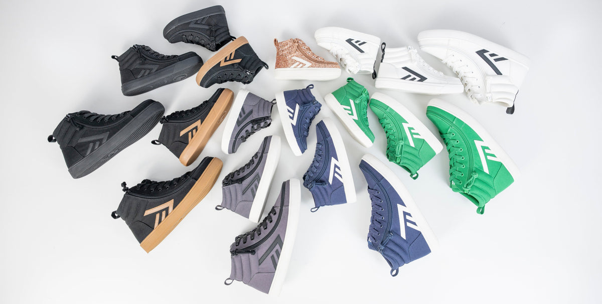 Collection of BILLY Footwear high-top sneakers in various colors on a white background