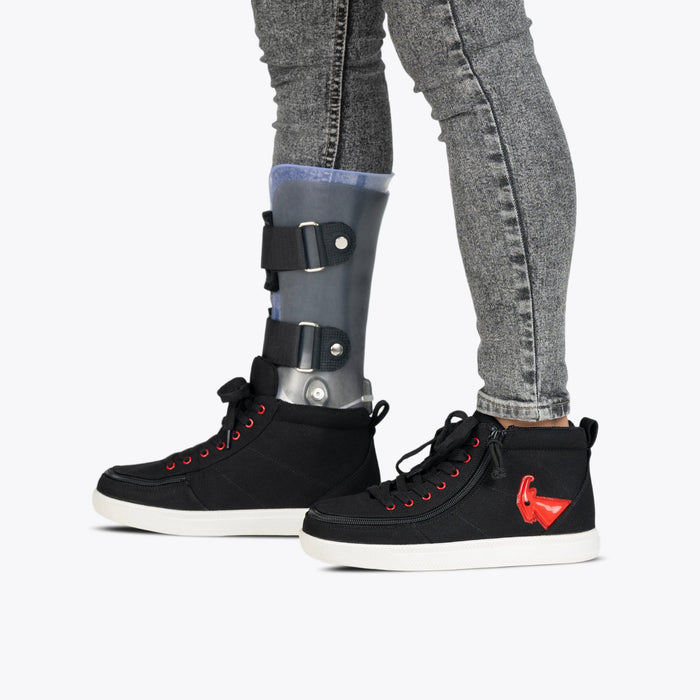 Black/Red Light Ups BILLY Classic D|R High on model worn with charcoal jeans and grey AFO on a white background