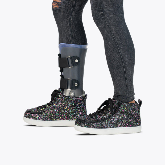 Black Multi Glitter BILLY Classic D|R II High on model worn with charcoal leggings and grey AFO on a white background