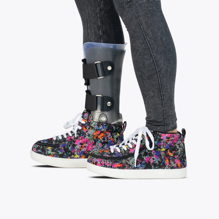 Rainbow Sk8ter BILLY Classic D|R II High worn with charcoal leggings and grey AFO on a white background
