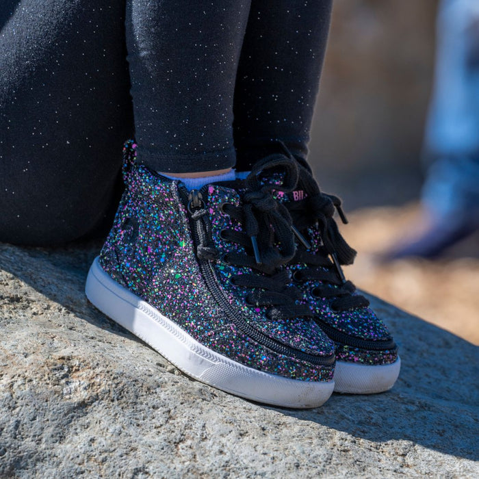 Black Multi Glitter BILLY Classic D|R II High on model worn with black glitter leggings on a rock structure on a playground