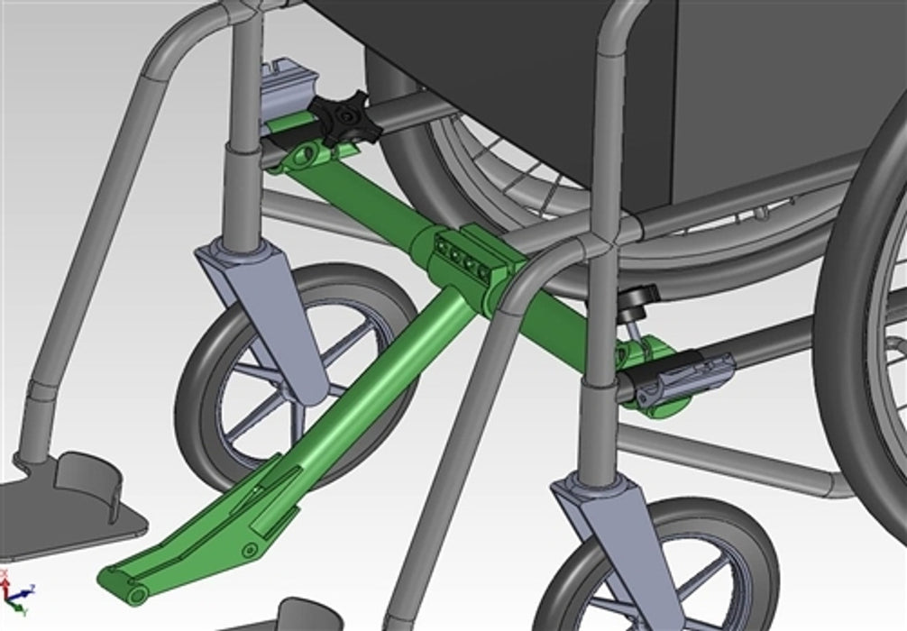 FreeWheel Folding Wheelchair Adaptor rendering on a folding wheelchair.