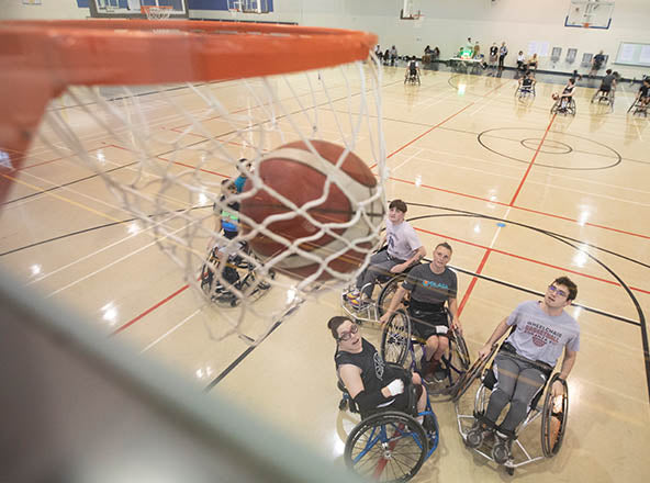 View from a basketball being scored from a game of wheelchair basketball with GLASA athletes.
