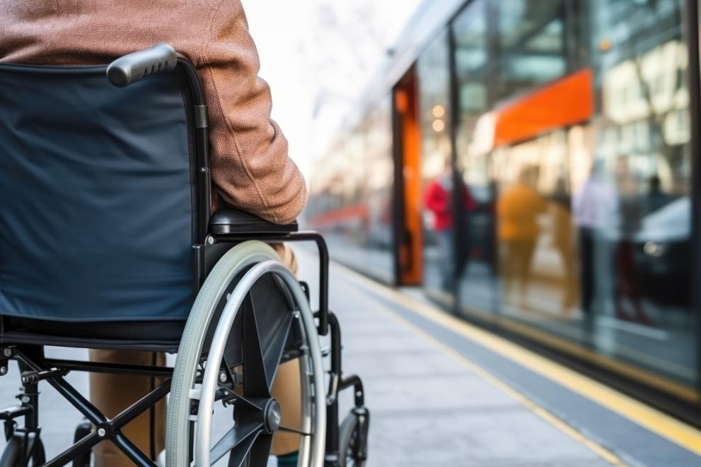 Detail behind a wheelchair user waiting for the train.