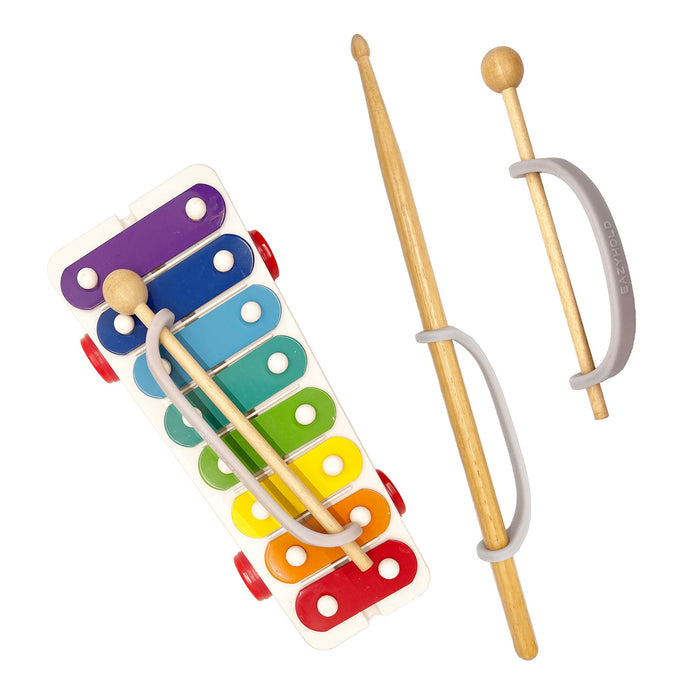 Colorful wooden xylophone toy with two drum sticks with EaZyHold grips on a white background.