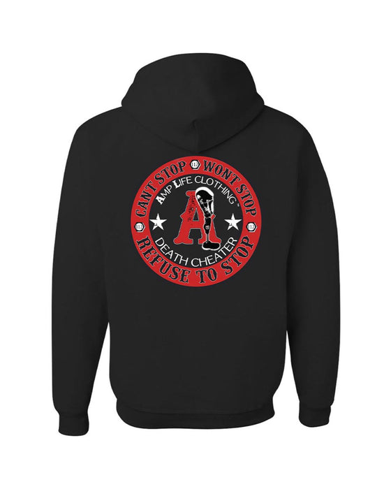 AMPLIFE DEATH CHEATER LEFT CHEST & BACK PRINT BLACK & RED HOODIE - HOODIES - Amplife®