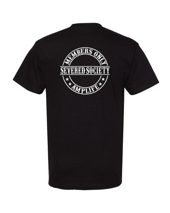 SEVERED SOCIETY MEMBERS ONLY LEFT CHEST & BACK PRINT BLACK & WHITE T-SHIRT - T-SHIRTS - AMPLIFE™