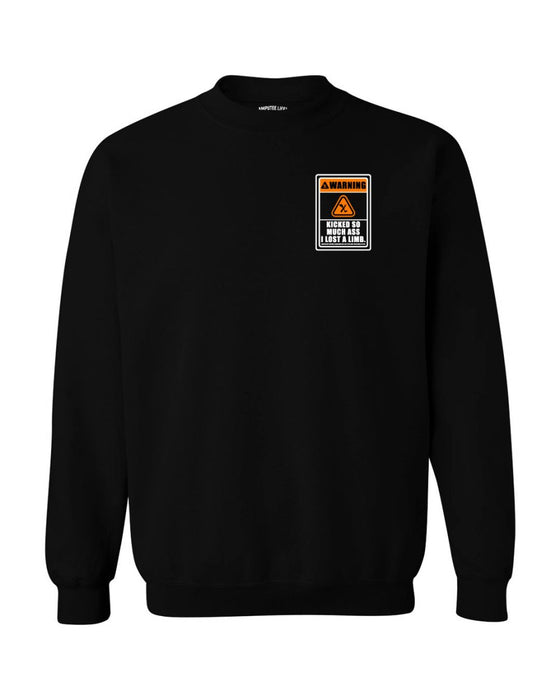 WARNING LOST A LIMB LEFT CHEST & BACK PRINT BLACK CREWNECK SWEATSHIRT - CREWNECK SWEATSHIRTS - AMPLIFE™