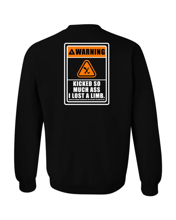 WARNING LOST A LIMB LEFT CHEST & BACK PRINT BLACK CREWNECK SWEATSHIRT - CREWNECK SWEATSHIRTS - AMPLIFE™