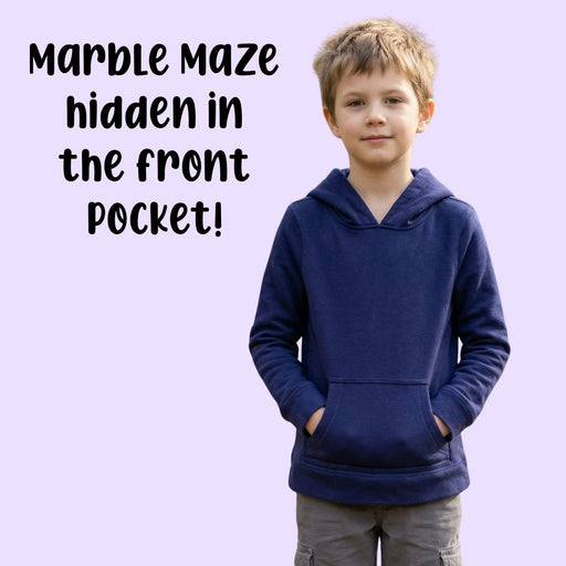 Sense-ational You Marble Maze Fidget Youth Hoodie, navy, front view showing hood and front pocket