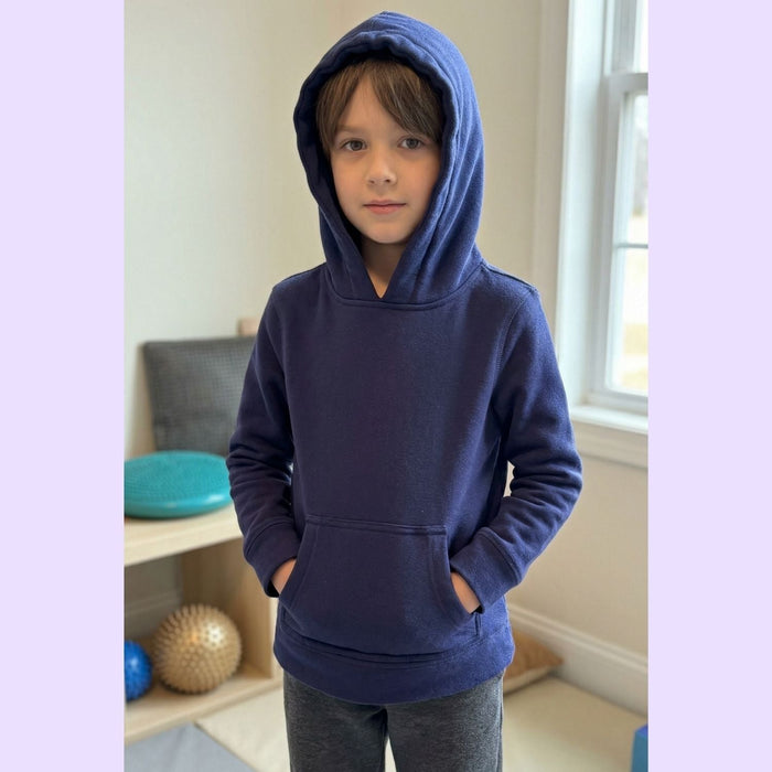 Child wearing the Sense-ational You Marble Maze Fidget Youth Hoodie, navy, with hood up