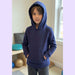 Child wearing the Sense-ational You Marble Maze Fidget Youth Hoodie, navy, with hood up