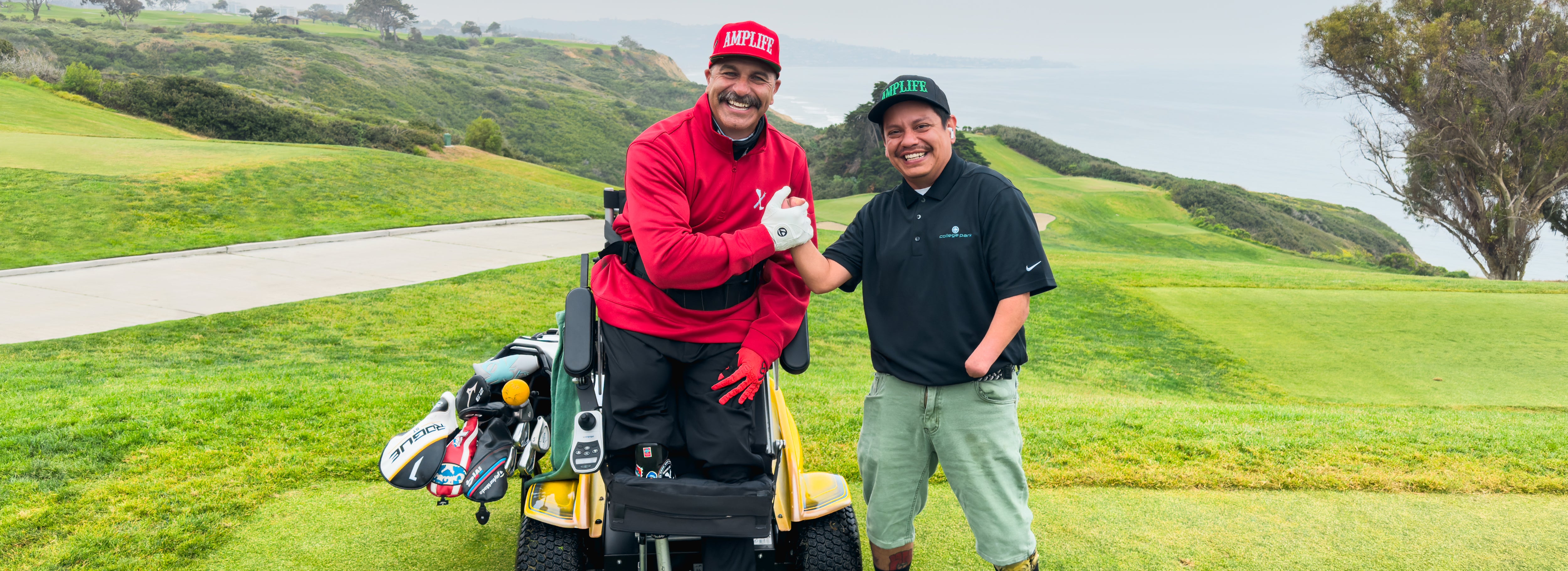 Amplife® Founder Abdul Nevarez and Team Amplife® Ambassador Oscar Loreto, Jr. at the tee box of Torrey Pines North Course 15th with both of them rockin' their Amplife® wearing the Amplife® Flatbill & Curved Bill Trucker Snapbacks