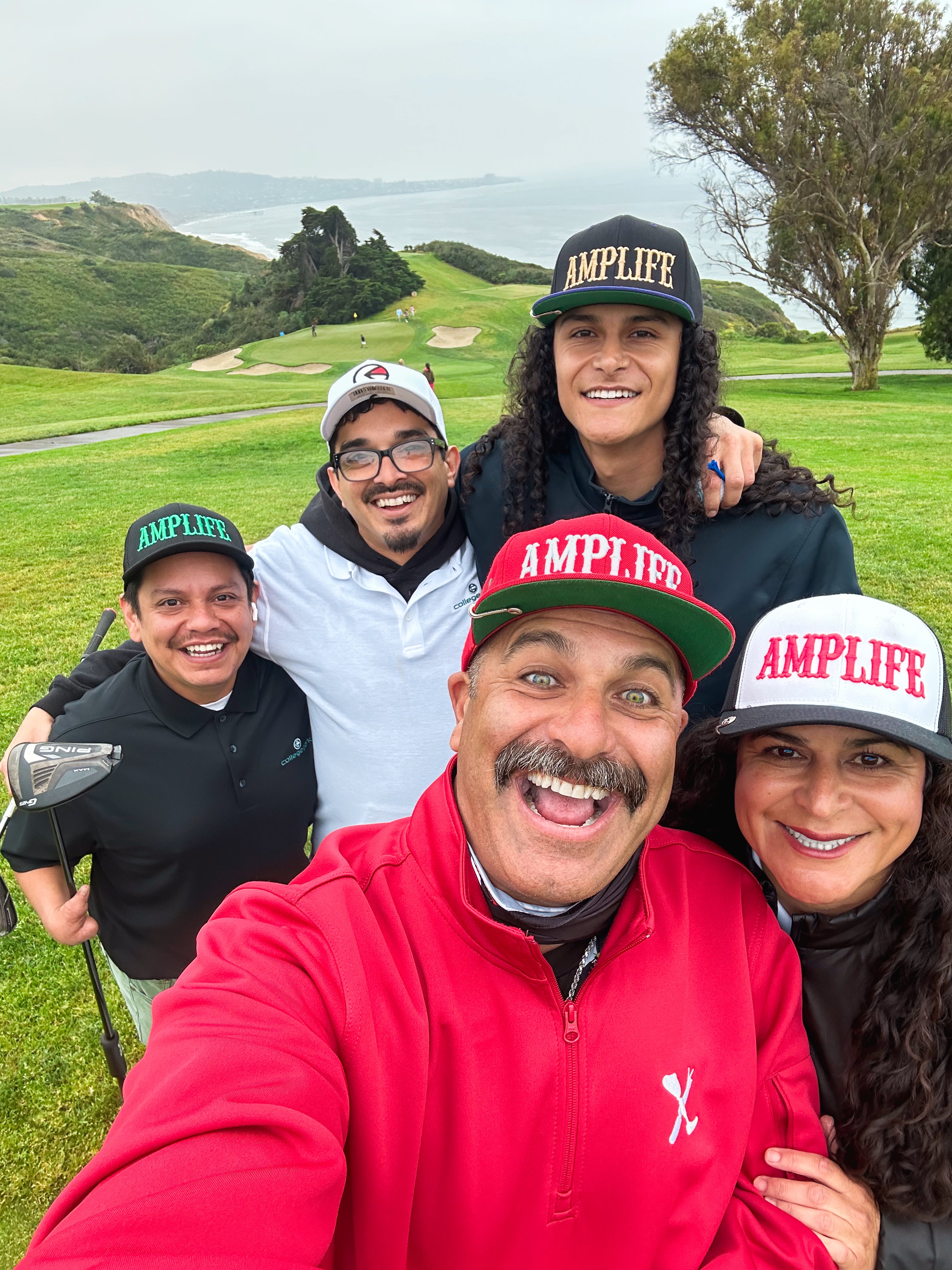 Selfie of Amplife® Founder Abdul Nevarez, Team Amplife® Ambassador Oscar Loreto, Jr., his friend Steve and Amplife® Co-Founders at Torrey Pines North 15th tee box