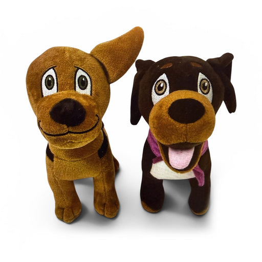 Roxy and Maliboo dog plushes front on a white background