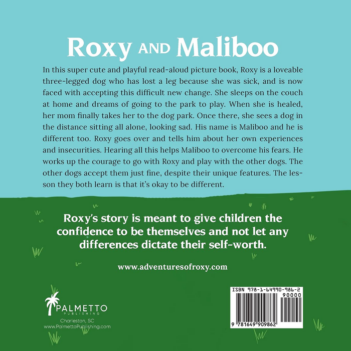 Book cover with text about Roxy and Maliboo, a story for children about acceptance and diversity