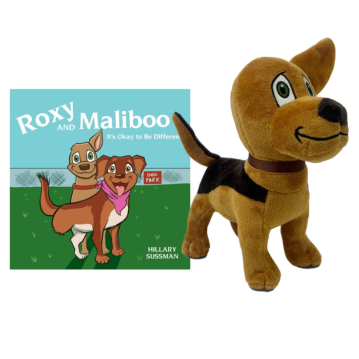 Roxy and Maliboo: It’s Okay to Be Different  cover and Maliboo plushie on a white background