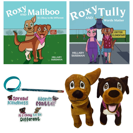 Two children's books featuring Roxy and Maliboo, with two plush toys of dogs on a white background.