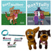Two children's books featuring Roxy and Maliboo, with two plush toys of dogs on a white background.