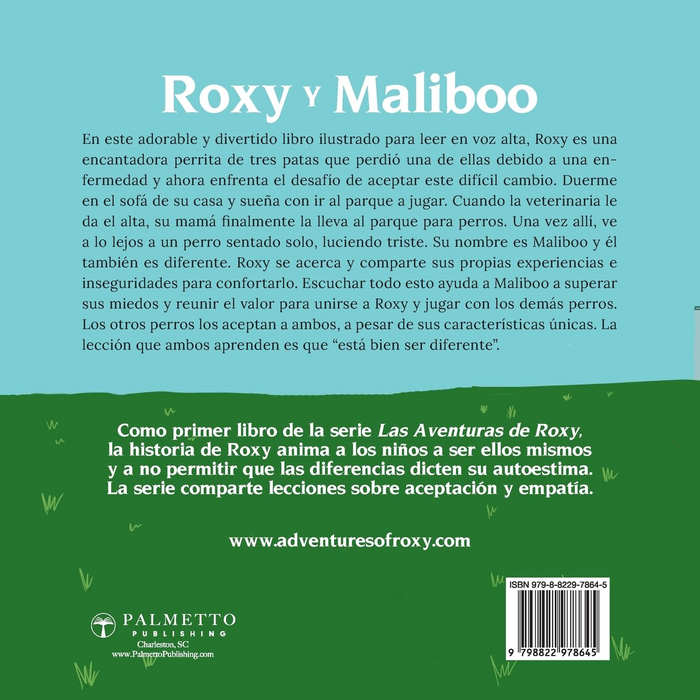 Book cover with text about Roxy and Maliboo, a story for children about acceptance and diversity