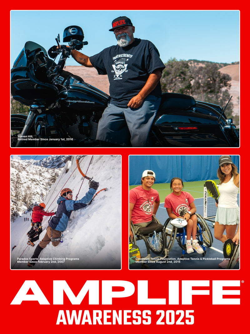 Collage of Steven Hill, Paradox Sports, and Cincinnati Tennis Foundation on red background with the Amplife® Awareness 2025 logo at the bottom. Steven Hill,
Retired Member Since January 1st, 2016. Paradox Sports, Adaptive Climbing Programs
Member Since February 2nd, 2007. Cincinnati Tennis Foundation, Adaptive Tennis & Pickleball Programs
Member Since August 2nd, 2015.