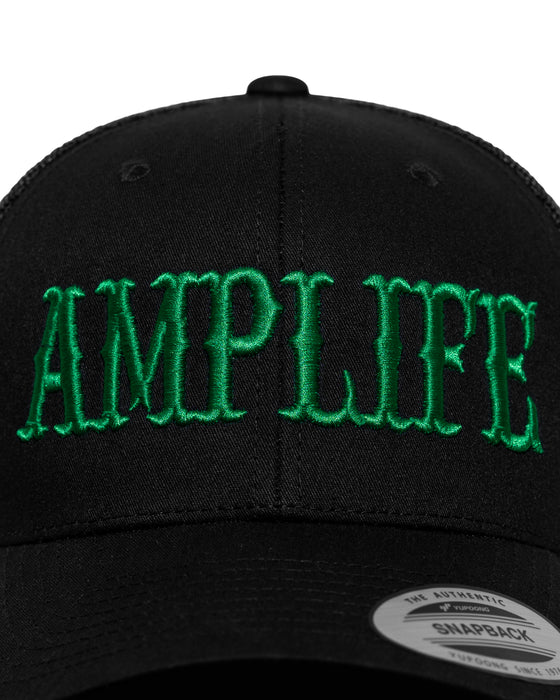 Amplife® Black & Green Curved Bill Trucker Snapback Front Detail