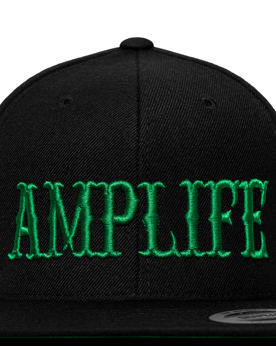 Amplife® Black & Green Flat Bill Snapback Front Detail