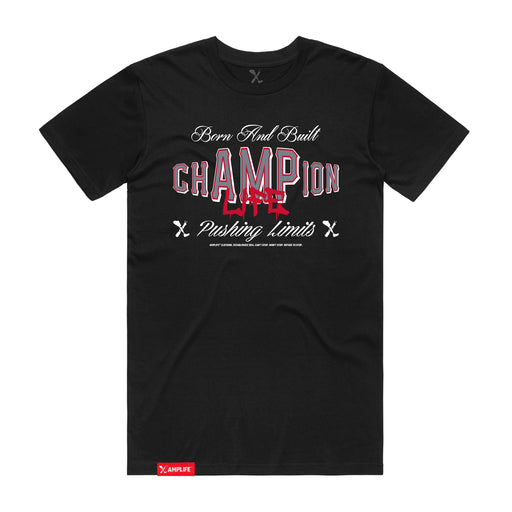 Amplife Born and Built Champion Black T-Shirt on a white background