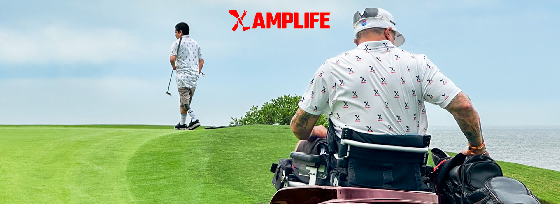 Two golfers on a coastal green wearing Amplife® Clothing getting ready to putt.