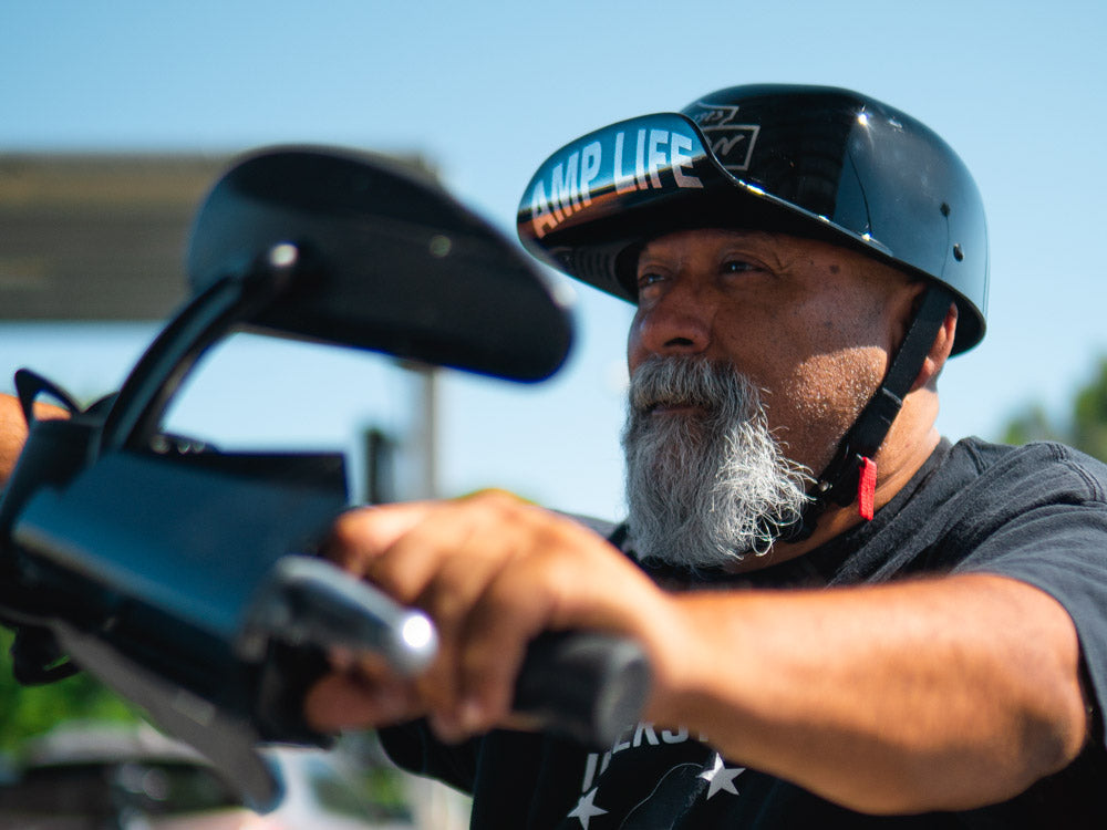 TEAM AMPLIFE AMBASSADOR STEVE HILL ON HIS HARLEY