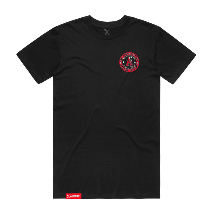 Amplife Death Cheater Left Chest & Back Black & Red T-Shirt on a white background