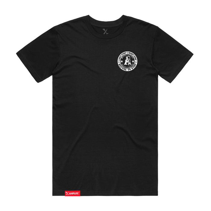 Amplife Death Cheater Left Chest & Back Black & White T-Shirt on a white background