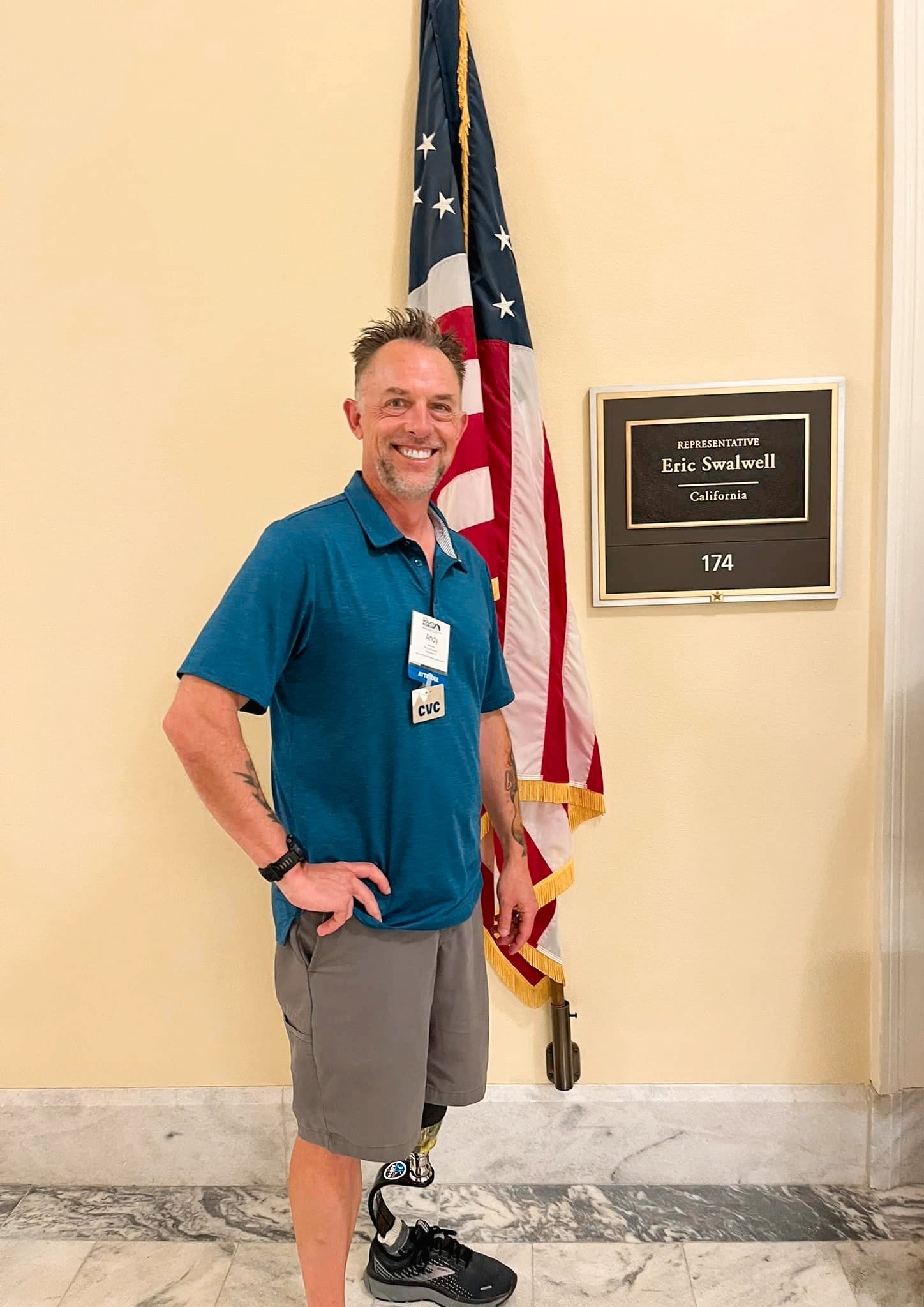 Portrait of Team Amplife® Ambassador Andrew May in the U.S. Capitol in front of Eric Swalwell's office, who his representative 