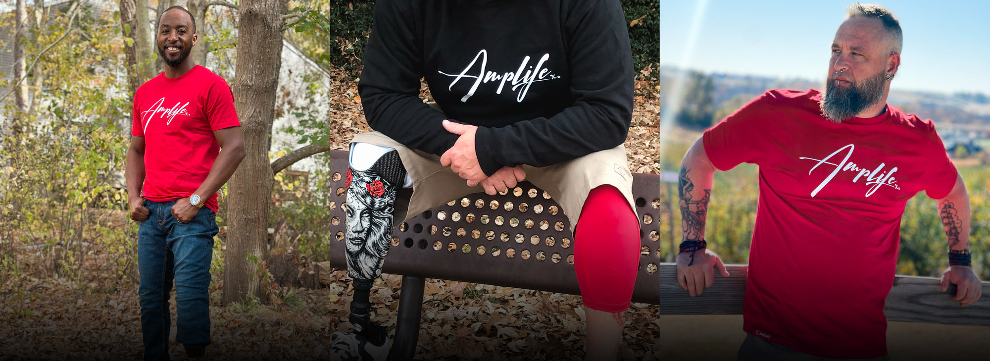 Team Amplife® Ambassadors Jason Loftiss and Michael Braxton Jr. wearing the Amplife® Signature T-Shirt & Hoodie in the woods.