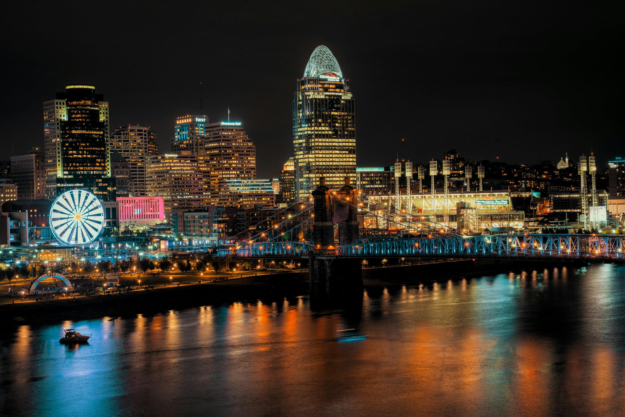 Cincinnati City skyline at night with illuminated buildings and a Ferris wheel.