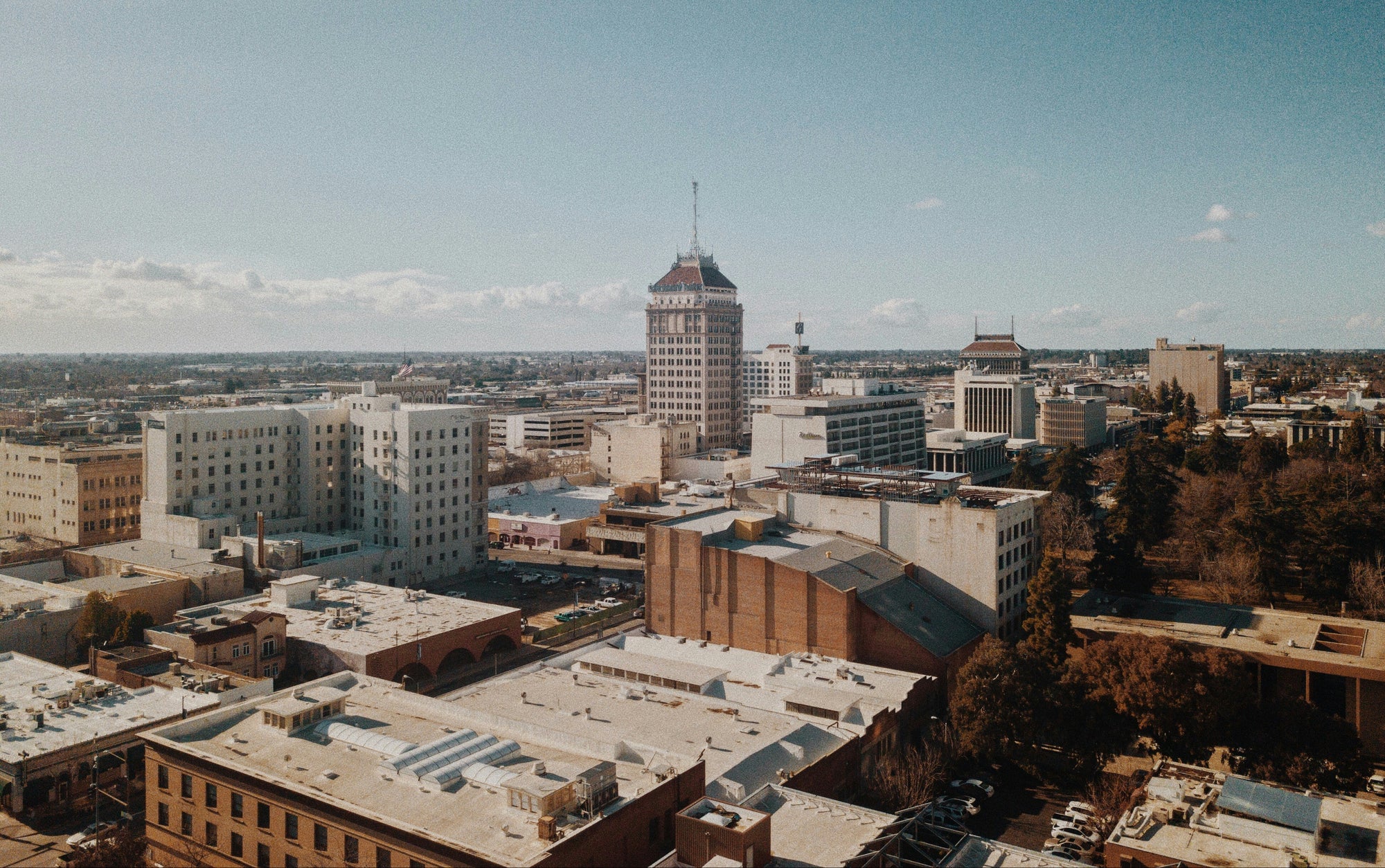 Fresno skyline with a clear blue sky