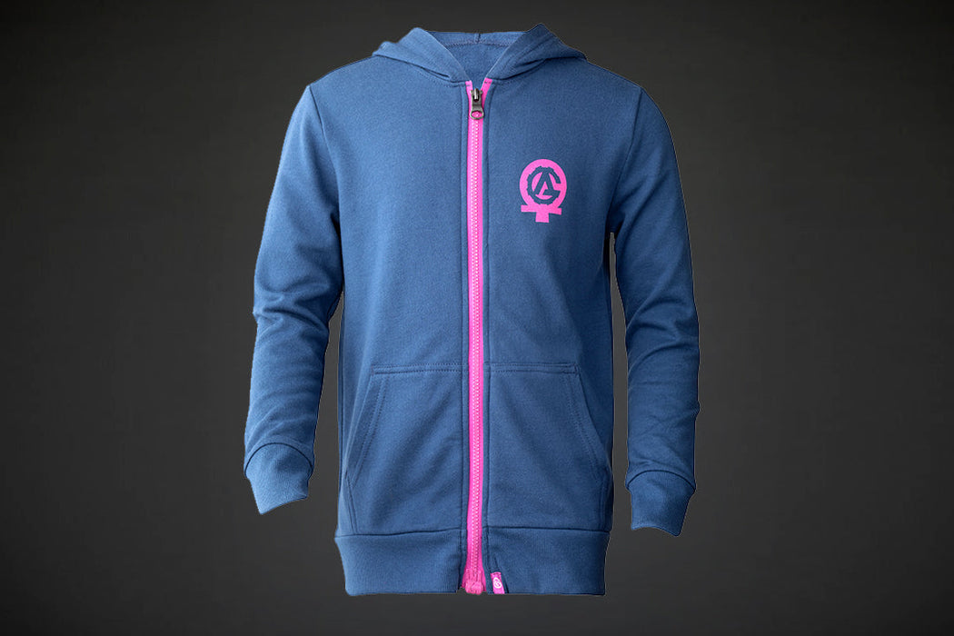 MagZip Kids Adaptive Pink Hoodie with Magnetic Zipper on a dark grey background