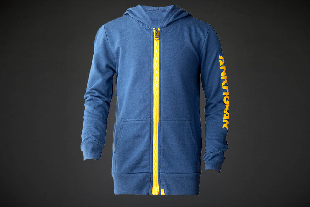 MagZip Kids Adaptive Yellow Hoodie with Magnetic Zipper on a dark grey background