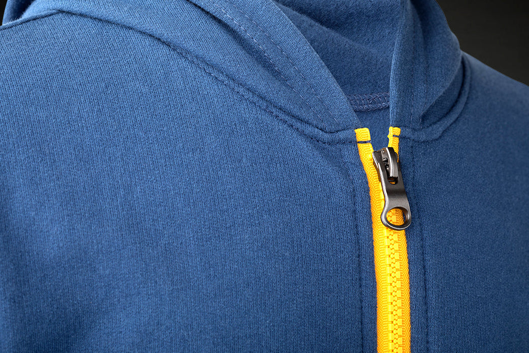 Detail of MagZip Kids Adaptive Yellow Hoodie with Magnetic Zipper on a dark grey background